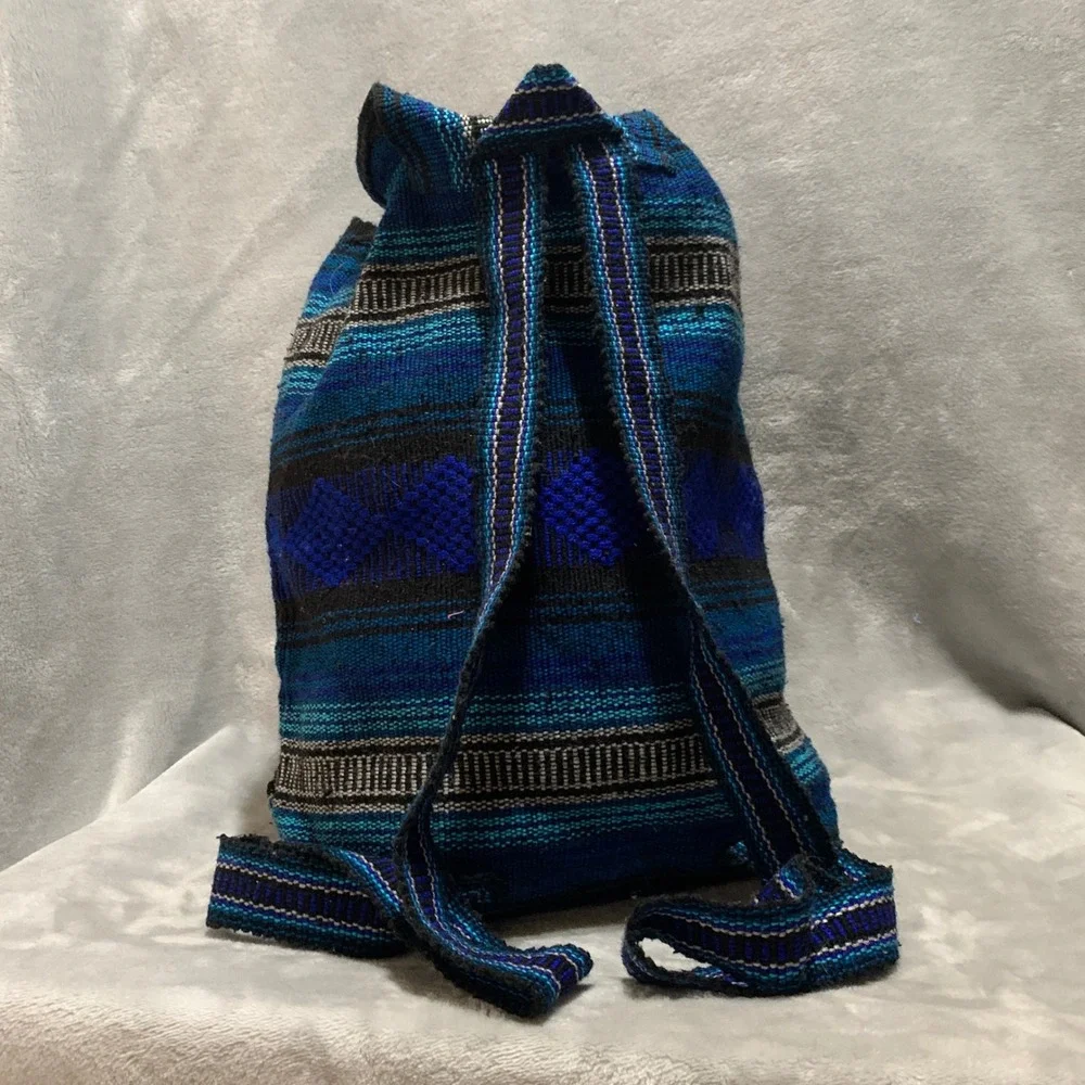 Lillo Woven Drug Rug Backpack Blue Black Striped Boho Drawstring Rucksack‎